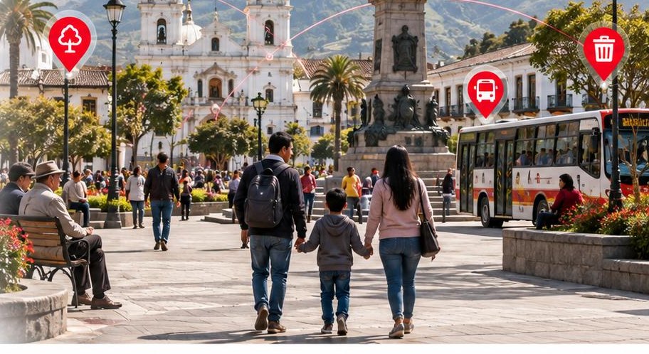 Familias caminando por la plaza de una ciudad andina, con los servicios del cantón señalados sobre el espacio público