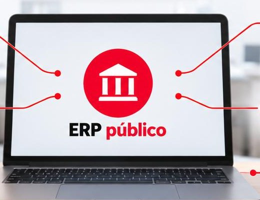 El ERP público en pantalla, rodeado de las carpetas de compras, inventarios y presupuesto