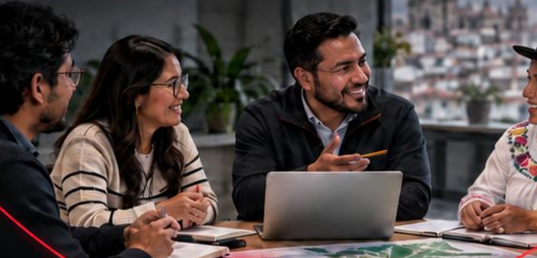 Autoridades y dirigentes ciudadanos conversan alrededor de una mesa con el mapa del territorio