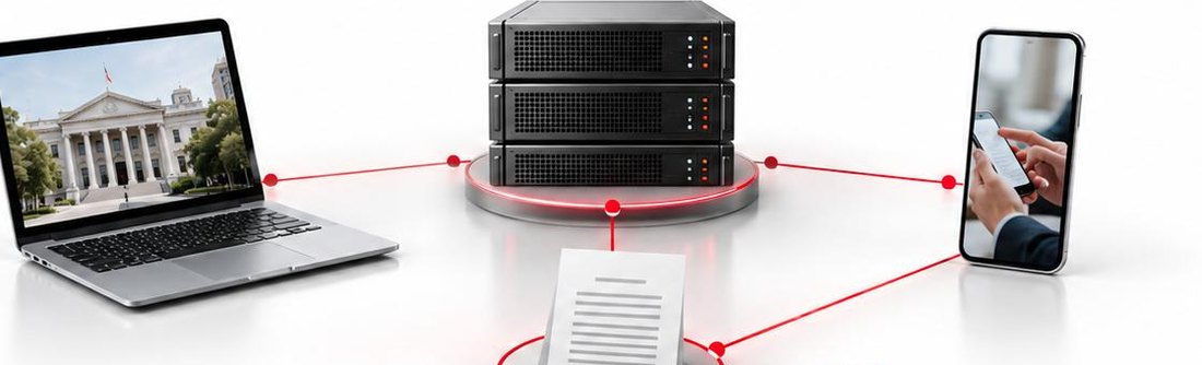 Computador, servidores y teléfono conectados entre sí: la infraestructura que sostiene los servicios