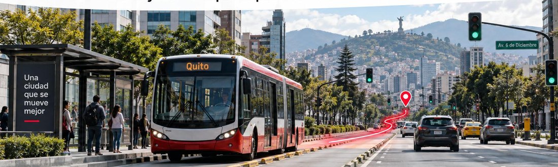 Bus de transporte público en una avenida con semáforos, paradas y tráfico en hora pico