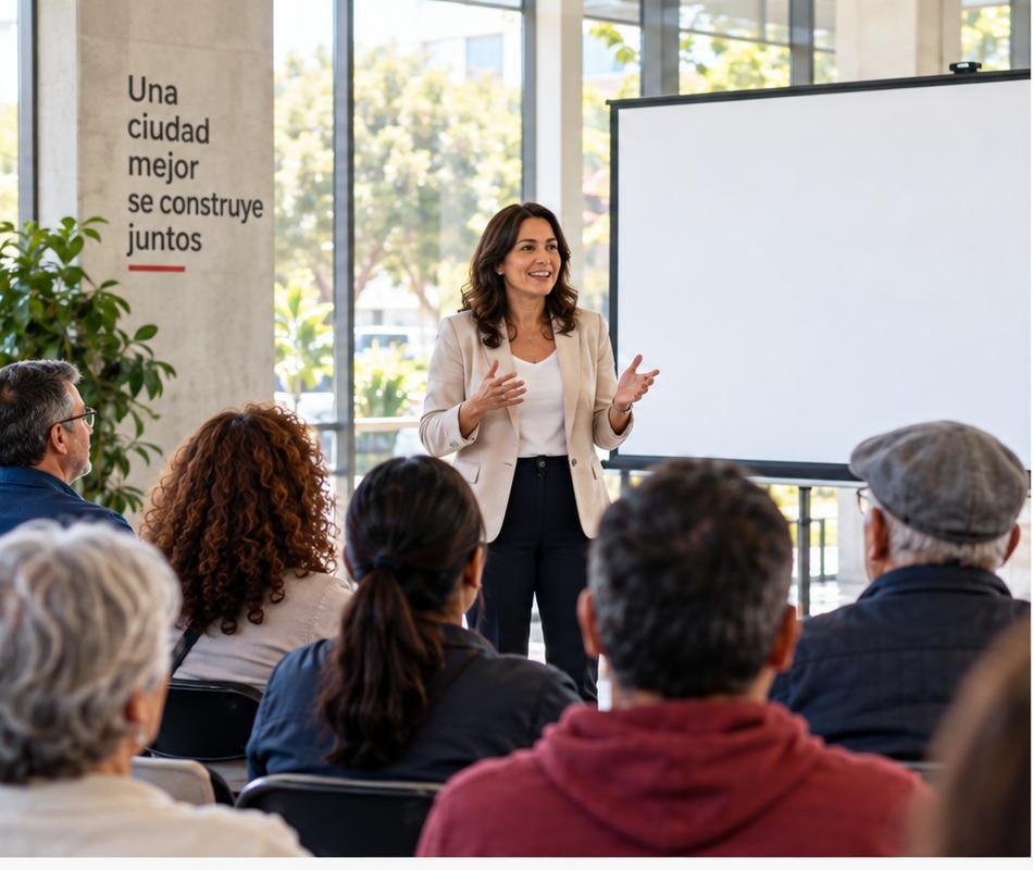Una funcionaria presenta ante un grupo de vecinos en una sala de participación ciudadana