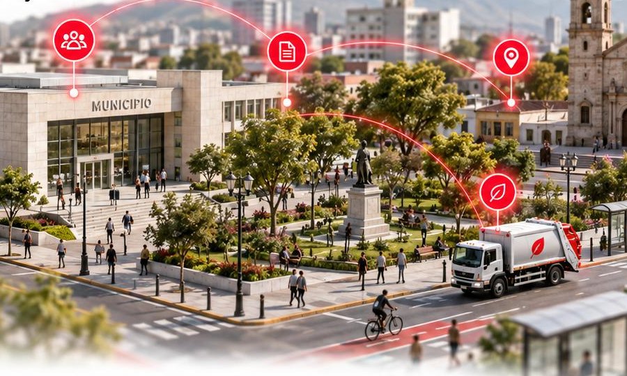 Plaza central de un cantón con el municipio, la iglesia, un recolector de basura y ciclistas, conectados por la red de servicios
