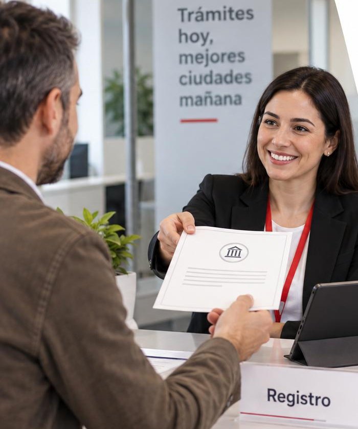 Una registradora entrega un certificado a un ciudadano en la ventanilla del Registro
