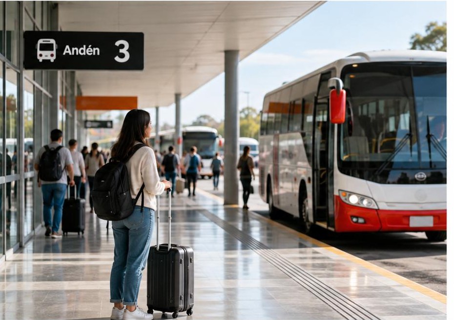 Una pasajera espera su bus en el andén 3 de un terminal terrestre