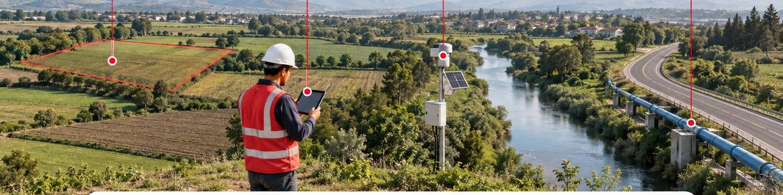 Un técnico levanta información en campo junto a un sensor de nivel, con el valle y la vía al fondo